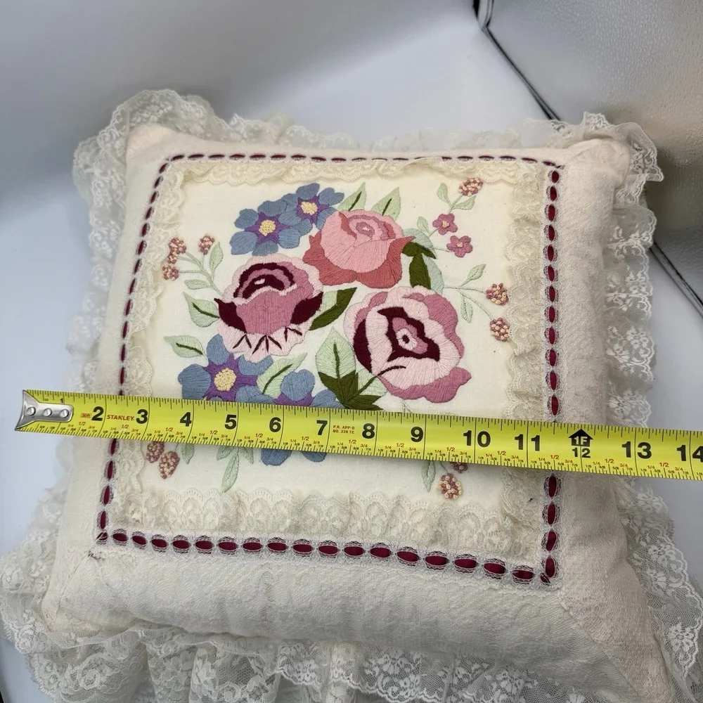 Embroidered Floral Cottage Core Grandma Throw Pillow Decorative Multicolor Lace